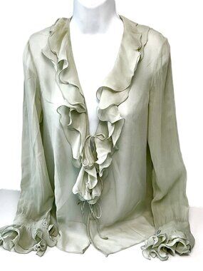 Silk Ruffle Blouse Size IT42 Light Sage Tie Front Italy